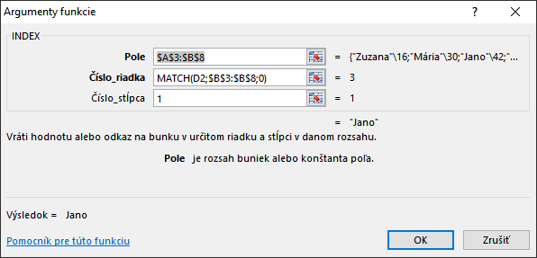 Vstupné argumenty pre funkciu INDEX