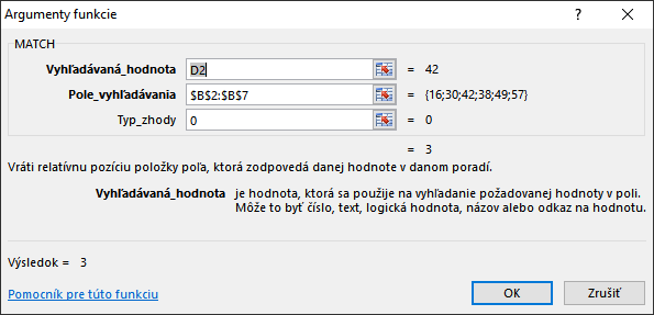 Vstupné argumenty pre funkciu MATCH Vstupné argumenty pre funkciu MATCH